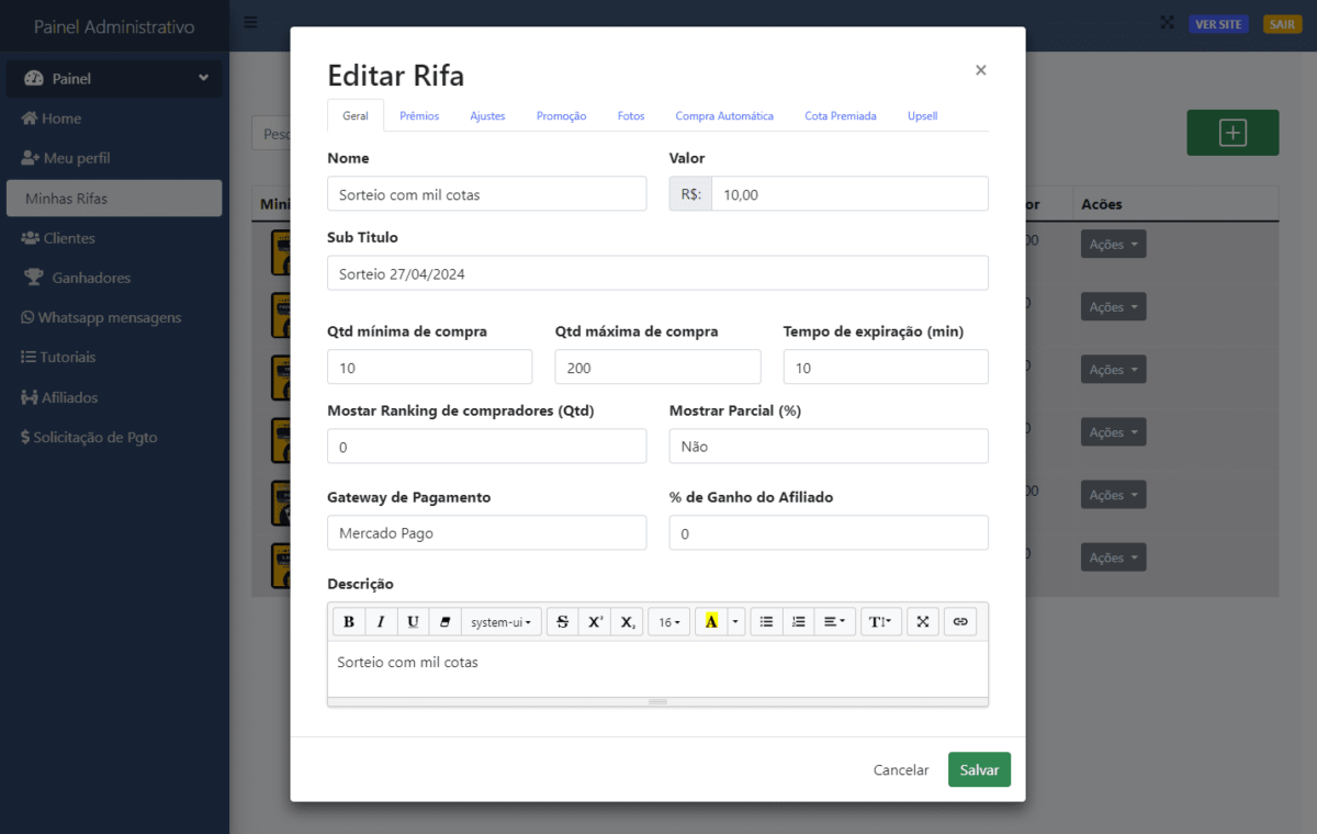 Script Rifa Premium em Php Laravel 1 Milhao de Numeros e Afiliados 13 Script Rifa Premium em Php Laravel - 1 Milhão de Números e Afiliados